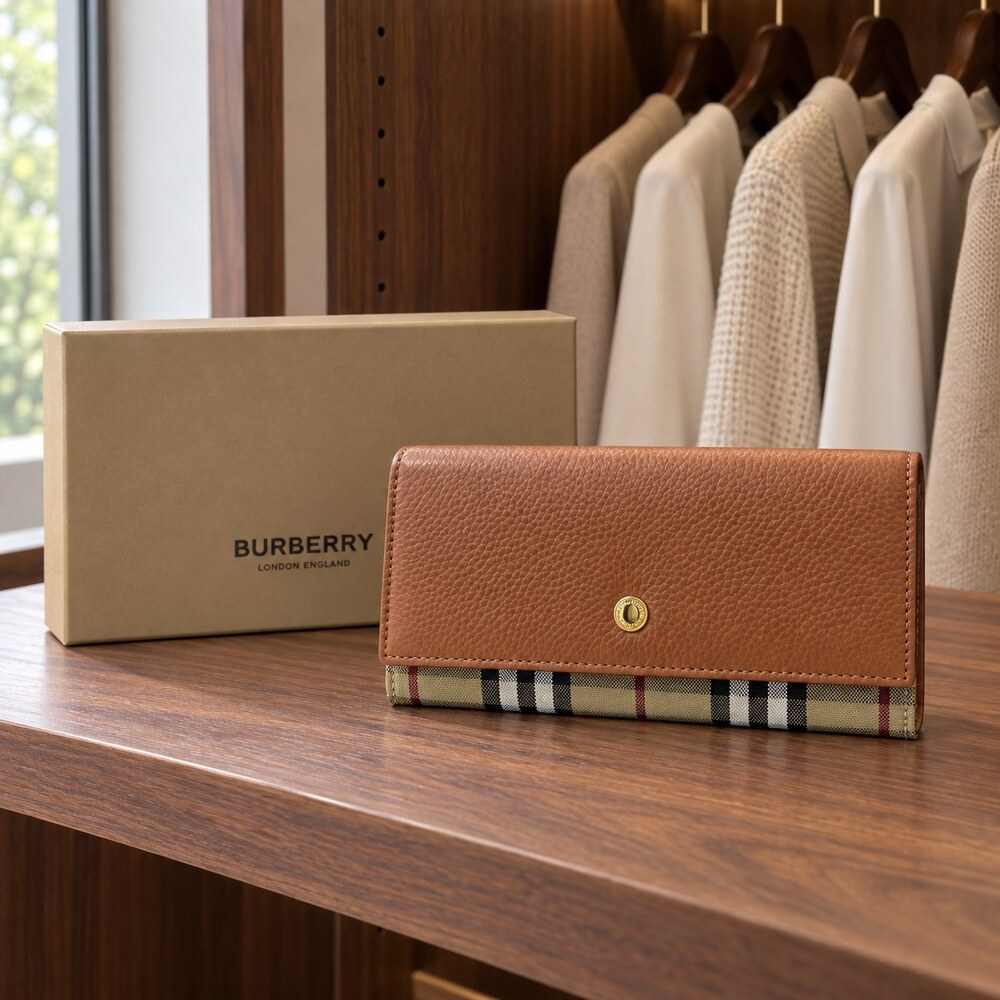 Burberry Vintage Check Long Flap Wallet in Tan Leather